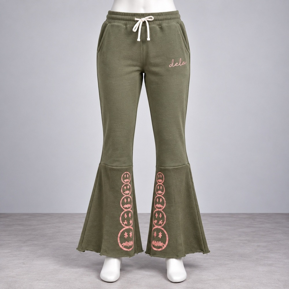 Dela Flare Sweatpants Womens Olive Green Pink Graphic Streetwear Loungewear